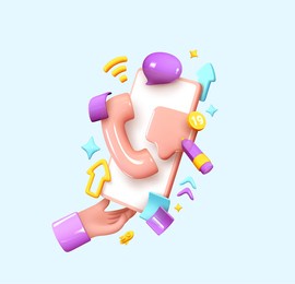 social media creative idea 3d concept with realistic design. online social network. business communication applications. marketing time. in hand mobile phone with volumetric icons. vector illustration