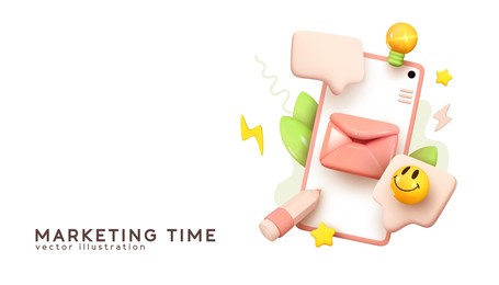 social media creative idea.   realistic 3d design. concept online social network. business communication applications. marketing time. mobile phone with volumetric icons. vector illustration