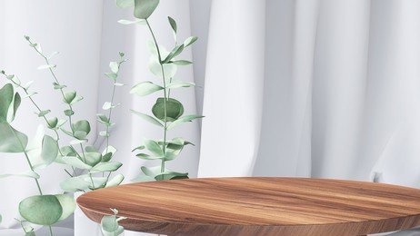3d render of a teak wood round table with decorative eucalyptus bouquet plant beside white linen curtain. beautiful sunlight and shadow, products display, background, mock up, overlay, nature, organic