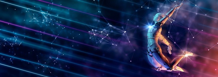 digital smart world technology concept, 3d humanoid robot in abstract futuristic cyber space, ai artificial intelligence robot for future life.