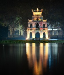 turtle tower or tortoise tower in hoan kiem lake or sword lake in hanoi, vietnam 