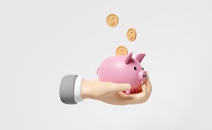 businessman hands holding pink piggy bank with gold coins money isolated on white background.saving money concept,3d illustration or 3d render