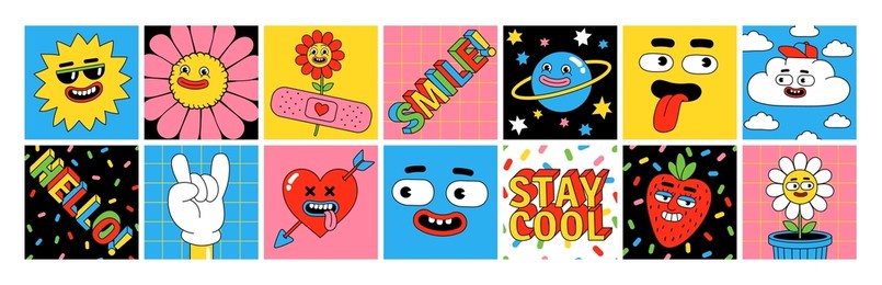 funny cartoon characters. sticker pack, square posters, prints. vector illustration of flower, sun, heart, berries, planet, clouds and words. set of comic elements in trendy retro cartoon style.