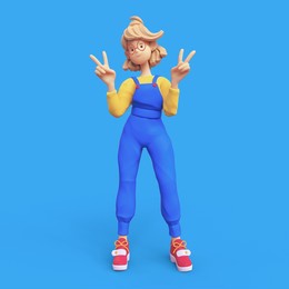 cute kawaii smiling positive casual blonde girl in red glasses wearing blue apron, yellow t-shirt shows fingers doing peace sign, victory symbol, number two, successful person. 3d render minimal style