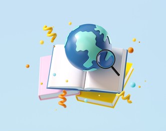 minimal background for online education concept. open book with globe on blue background. 3d rendering illustration. clipping path of each element included.