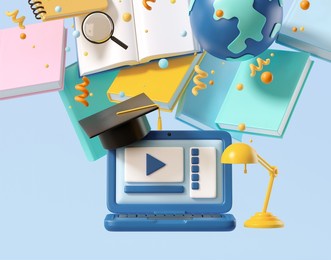 minimal background for online education concept. open book with globe and laptop on blue background. 3d rendering illustration. clipping path of each element included.