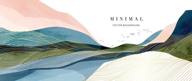 mountain background vector. minimal landscape art with watercolor brush and golden line art texture. abstract art wallpaper for prints, art decoration, wall arts and canvas prints. 