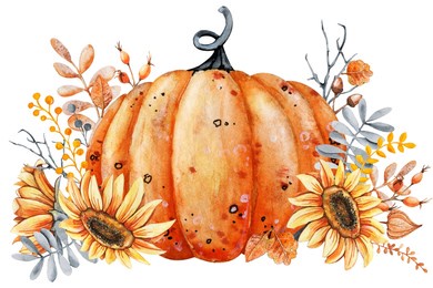 pumpkin, sunflower and fall leaves bouquet. thanksgiving and halloween design template. hello autumn illustration. harvest festival. hand drawn watercolor illustration isolated on white background