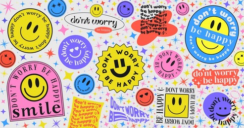 don't worry be happy abstract hipster cool trendy background with retro stickers vector design.