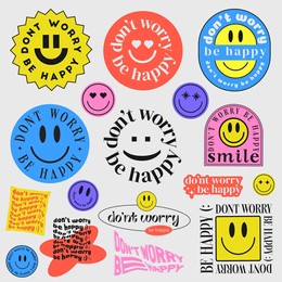 set of hipster cool trendy retro stickers vector design. dont worry be happy badges.