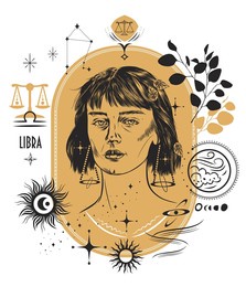 zodiac sign libra, the element air. vector illustration with a portrait of a beautiful girl with a short haircut. zodiac sign with elements of astrology of this sign. stars, symbols, a branch of eucal
