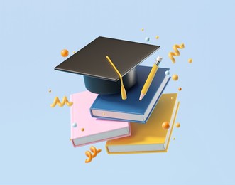 minimal background for online education concept. book with graduation hat on blue background. 3d rendering illustration. clipping path of each element included.