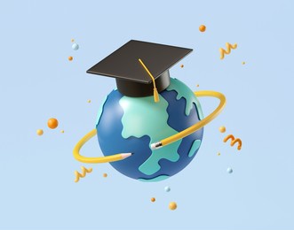 minimal background for online education concept. blue globe with graduation hat on blue background. 3d rendering illustration. clipping path of each element included.