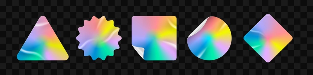 holographic stickers. hologram labels of different shapes. sticker shapes for design mockups. holographic textured stickers for preview tags, labels. vector illustration
