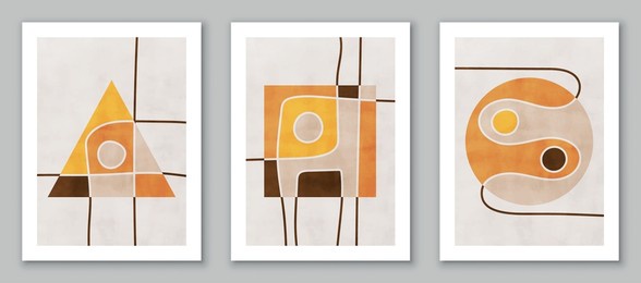 set of trendy contemporary abstract creative minimalist hand painted compositions for wall decoration, postcard or brochure cover design in vintage style art. eps10 vector.