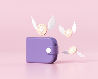 purple wallet with coins with wings. the concept for business, web sites, online shop, finance, banks. lost money, money-saving concept. 3d render illustration