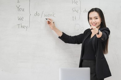 adult cheerful asian woman teacher in black business suit uniform writing on whiteboard to teach english language in classroom