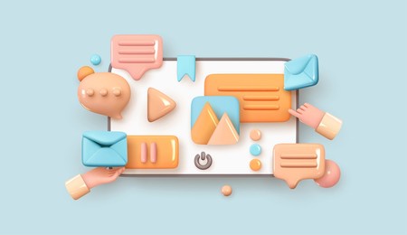 desktop monitor computer. creative concept idea, realistic 3d design. communication with social media. information social network. volume icons messages and email, hand video play. vector illustration