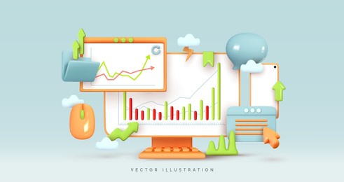 business data analysis. stock investment exchange. financial statistics. finance infographic report market analysis. desktop monitor computer. creative concept idea, realistic 3d. vector illustration