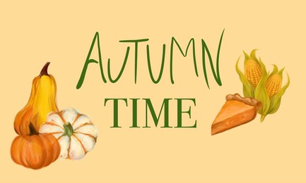 autumn time pattern with corn, pumpkins and pumpkin pie 