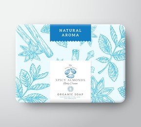 spicy almonds nut soap cardboard box. abstract vector wrapped paper container with label cover. packaging design. modern typography and hand drawn spices background pattern layout. isolated.