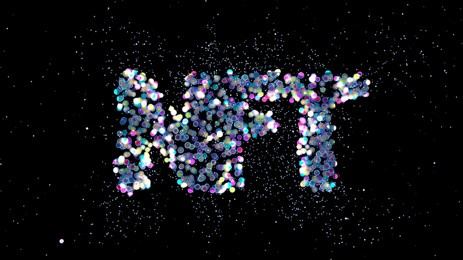 huge cloud of glowing multicolored spheres forming an nft sign, conceptual 3d rendered illustration