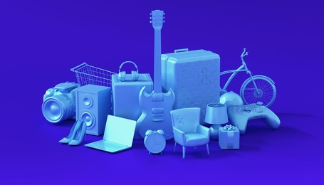3d rendering of shopping items in cyan glossy color arranged on a blue background, shopping appliances, electronics, miscellaneous items concept