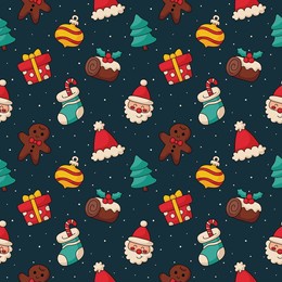 christmas characters seamless pattern on blue background. vector illustration.