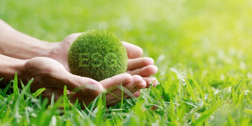 esg environmental, social, and corporate governance concept.hands holding the green ball that writes the word esg, nature Сonservation, ecology, social responsibility and sustainability.