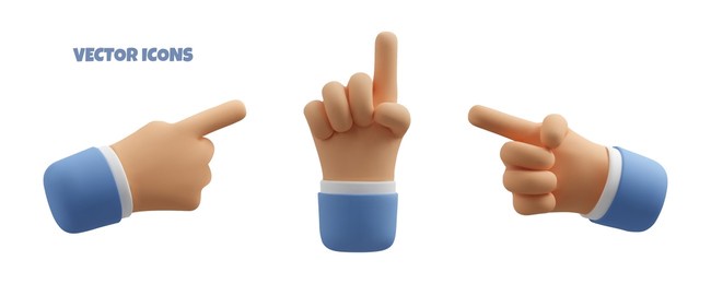 pointing hand 3d icon set. vector realistic illustration, business clipart isolated on white background