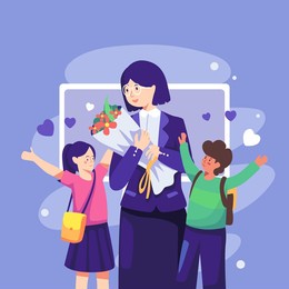the children gave their class teacher a bouquet of flowers. on the occasion of the annual teacher's day. cartton flat vector illustration