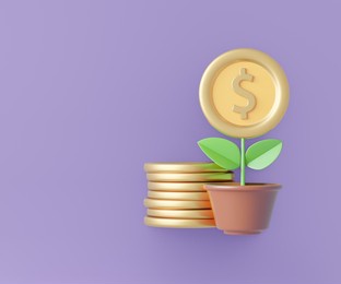 3d pot of plant with gold coin flower and coins stack on purple background. 3d illustration rendering.