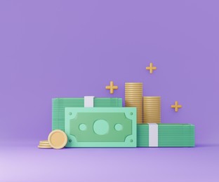 stack of cash and coins on purple background. money-saving, cashless. 3d render illustration.