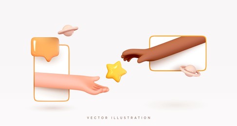 communication through electronic gadgets. realistic 3d design mobile phone, modern tablet. creative concept idea social networks, hands outstretched connect. vector illustration