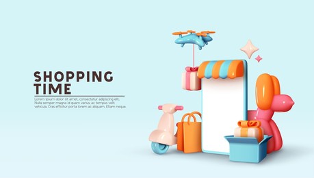 online store. shopping time. creative concept idea design. realistic 3d mobile phone, moto scooter, flying drone, gifts box and shopping. courier service delivery. landing page. vector illustration