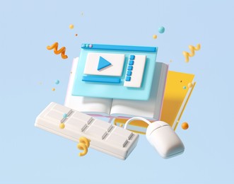 minimal background for online education concept. notebook with learning application on blue background. 3d rendering illustration. clipping path of each element included.