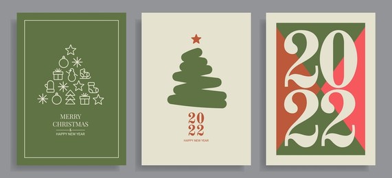 set of winter holidays greeting cards with decorative christmas trees and figures. merry christmas and happy new year. elegant template for postcards, invitations, posters, banners.