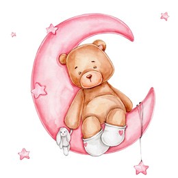 cute teddy bear sleeps on pink moon; watercolor hand drawn illustration; with white isolated background