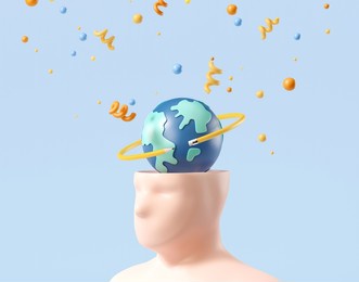 minimal background for online education concept. human with globe head on blue background. 3d rendering illustration. clipping path of each element included.