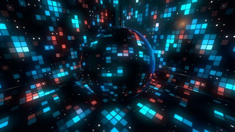 rotating sparkling disco ball at the concept of night party. motion. abstract spinning disco ball creating millions of shining blue and red square shaped particles, seamless loop.