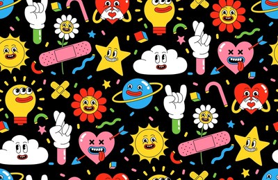 cartoon characters background. funny stickers and patches. seamless vector pattern with comic heart, sun, planet, berry, abstract faces and elements in trendy retro cartoon style.