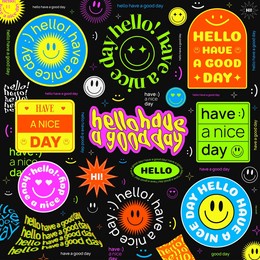 hello have a good day vector illustration. set of modern trendy acid stickers. smile emoji sign. hipster abstract background