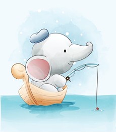 cute elephant fisher cartoon illustration, watercolor animals isolated on white background, for cover book, baby shower, nursery decorations, birthday invitations,greeting card