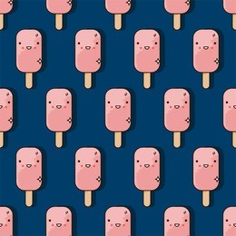 vector seamless pattern with kawaii smiling pink ice cream on blue background