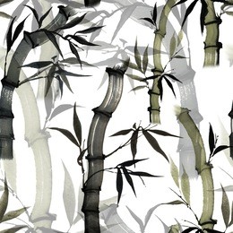 seamless floral pattern with bamboo on white background, traditional japanese ink painting in sumi-e style.