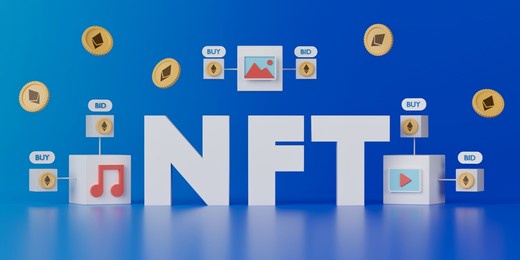 3d rendering nft or non fungible token banner. concept blockchain technology illustration