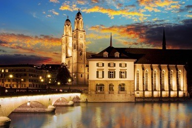 grossmunster (the great cathedral) is the most representative landmark of zurich city, switzerland.