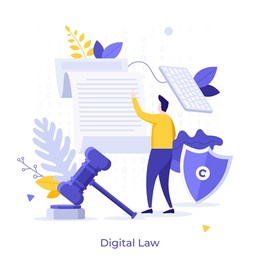 man reading legal document, shield with copyright symbol, gavel. concept of digital law, smart contract, electronic licence, rights protection. modern flat vector illustration for banner, poster.
