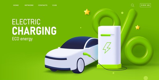 electric car charging, 3d illustration of charging equipment and auto with green percent sign, advertising web banner