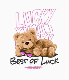 best of luck slogan with bear doll holding sunglasses lying on floor vector illustration